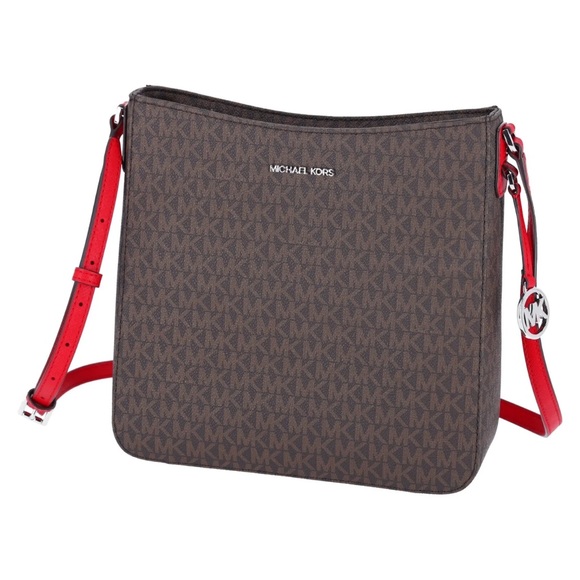 Michael Kors Jet Set Travel Large Messenger Bag Crossbody Brown MK Bright Red - Picture 8 of 11